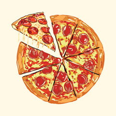 Cheesy Pepperoni Pizza with 8 Slices Illustration