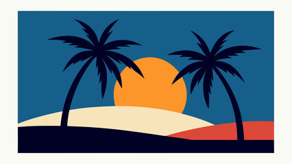 Obraz premium Tropical paradise beach with silhouetted palm trees against a summer sunset sky