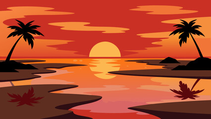Obraz premium Tropical beach sunset with silhouetted palm trees against an orange sky