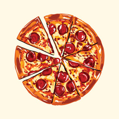 Whole Pepperoni Pizza Illustration with Sliced Pieces