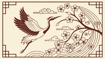 Oriental crane flying through cherry blossom tree branches vector art illustration design element