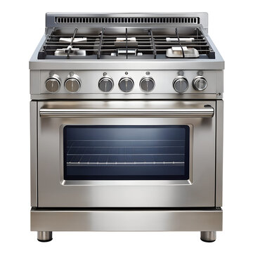 A sleek stainless steel gas stove and oven isolated on transparent background represents modern kitchen technology