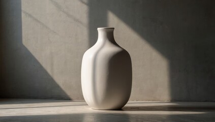 Minimalist white ceramic vase on concrete table with soft shadows