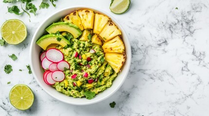 Fresh guacamole bowl with pineapple and avocado