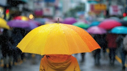 A person, seen from behind, stands under a large, vibrant yellow and orange umbrella in a bustling city street during a heavy downpour. The umbrella is predominantly yellow, transitioning to a lighter