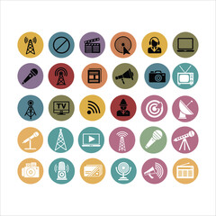 Collection of communication and media icons in colorful circles