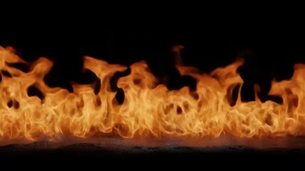 A black background with a long line of orange flames. The flames are very close to the camera, making them appear larger than they actually are. Concept of danger and intensity