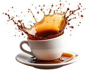 Spilled Coffee Cup on Its Side with Splash and Droplets, Action Scene, isolated