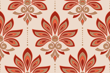 Abstract Damask Floral with Dot Accents Seamless Pattern. Retro Botanical Wallpaper Design. Mid-Century Modern Flower Motif. Vintage Floral and Leaf Print.