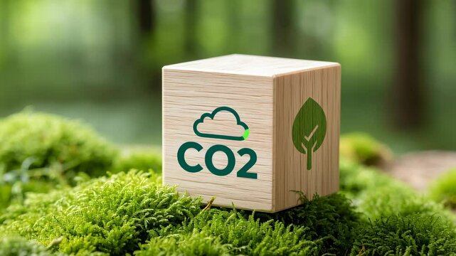 Business carbon credit. Wooden cube with carbon dioxide CO2 symbol and green leaf icon on vibrant moss, highlighting environmental care and carbon footprint reduction efforts