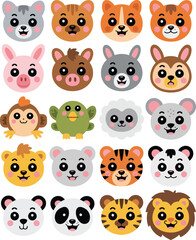 Collection of cute cartoon animal faces on white background