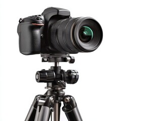 DSLR Camera on Tripod. Professional Studio Photo Equipment with Black Lens