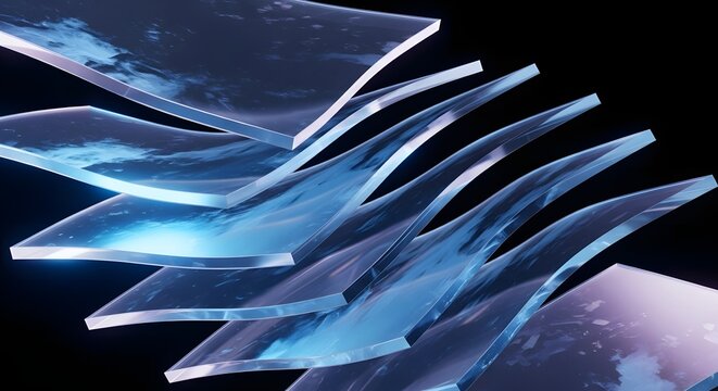Abstract background of layered transparent glass or acrylic sheets with a cool blue glow.