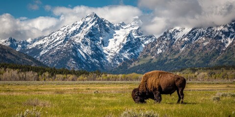 Naklejka premium Alpine Ranch. Bison Grazing in the Grand Teton National Park with Beautiful Sky