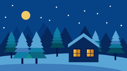 Fototapeta premium Christmas winter night landscape with a cozy house, snow, and festive trees, a perfect holiday illustration