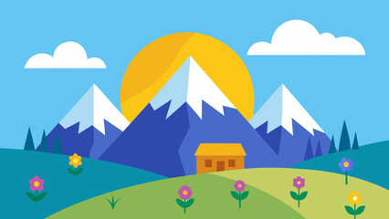 Fototapeta premium Mountain landscape vector illustration with green trees and a rural village under a summer sky