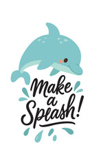 Naklejka premium Cute blue dolphin jumps with joy above waves in this playful cartoon design, perfect for summer themes, marine fun, and cheerful ocean-inspired decor.