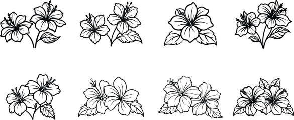 Collection of eight various hibiscus flower designs in black and white outline
