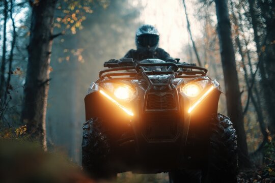 Atv Background. Close Up View of Male ATV Driver Exploring Forest During Daytime Ride