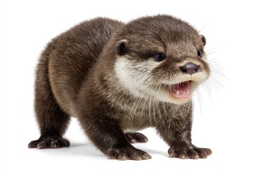 Baby Otter. Endangered Species of Young Otter Puppy Isolated on White Background