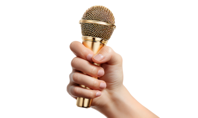 Hand holding a gold microphone, isolated on a white background