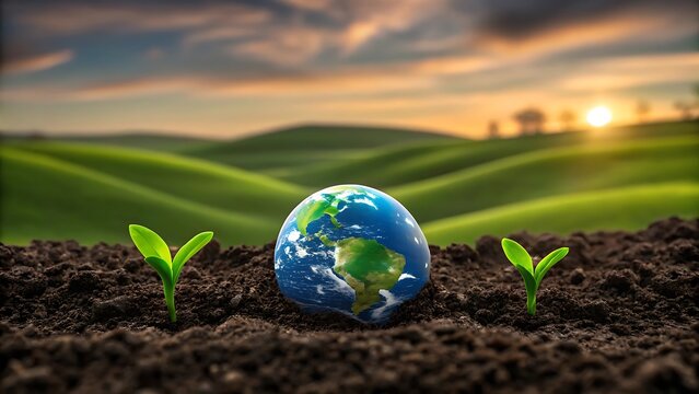 Earth day concept with globe and seedlings growing in soil for environmental awareness and sustainability