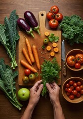 Artistic Flat Lay of Fresh Organic Vegetables and Herbs on a Rustic Wooden Board for Sustainable Cooking