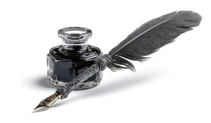 A glass inkwell filled with dark ink sits beside a grey feather quill pen with ornate metal accents against a stark white background