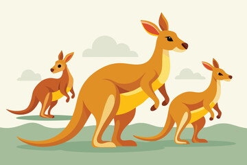 Fototapeta premium Three Kangaroos in a Flat Design Style Illustration