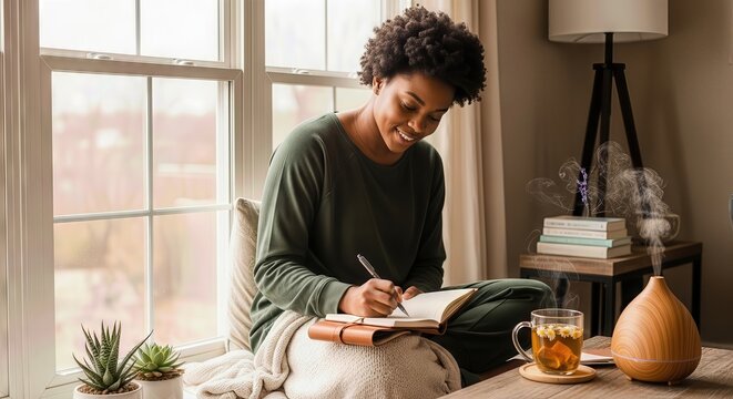 Person Practicing a Mindful Self-Care Routine by a Window with Journaling and Tea for Mental Wellness