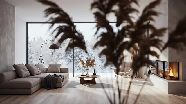 Warm Beige Interior with Fireplace and Snowy View Framing Winter Through Large Window