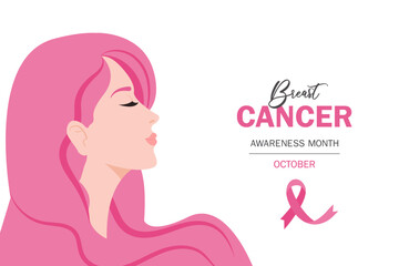 Breast cancer awareness month banner with pink ribbon roll sign and text vector design