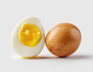 A halved hard-boiled egg with a bright yellow yolk rests beside a whole, speckled brown egg on a white background