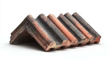 Stack of weathered roof ridge tiles with rustic appearance, showcasing mix of red and black hues, isolated on white background
