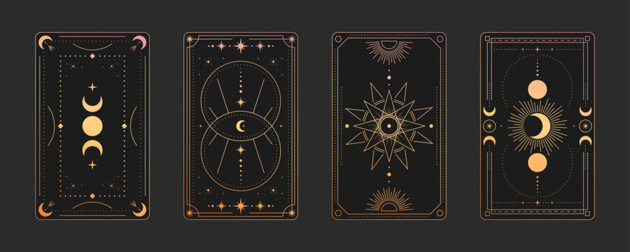 Mystical tarot frame designs with celestial symbols - golden cards with moon phases, sacred geometry star, sun rays and cosmic circles on black background for fortune telling deck, esoteric art.