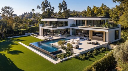 Spectacular Modern Mansion with Pool and Landscaped Grounds on a Sunny Day
