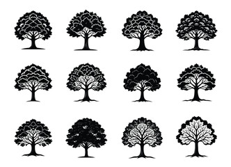 Twelve variations of silhouetted trees presented in a grid pattern format