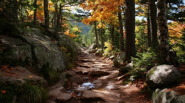 Serene autumn forest path lined with fallen leaves and rugged stones on quiet mountain trail, ideal for concepts of solitude, seasonal transitions, and natural beauty.