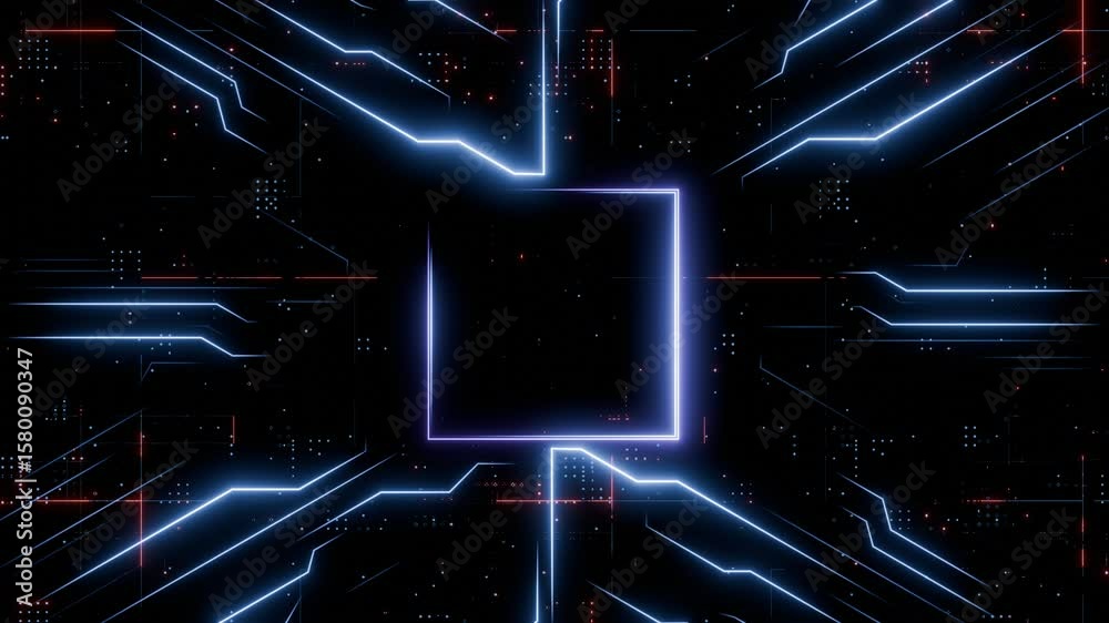 Poster seamless loop. futuristic glowing microchip circuit board with radiating blue lines representing hig