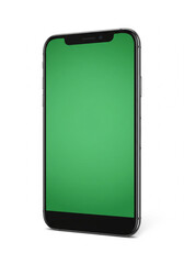 Modern Smartphone Isolated on White Background for Product Showcase. Inside green screen.