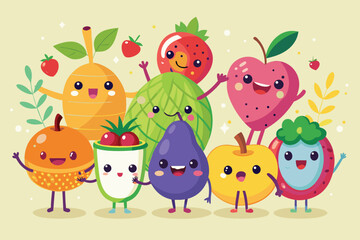 Naklejka premium Adorable Cartoon Fruits Happy Group Illustration