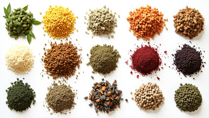 Overhead Flat Lay of Color-Sorted Dried Herbs and Botanicals on White Background

