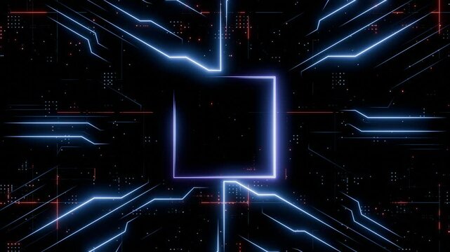 Seamless Loop. Futuristic Glowing Microchip Circuit Board with Radiating Blue Lines Representing High-Tech Computing Power,  Advanced Electronic Technology. Created using non-AI 3d software