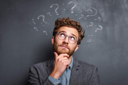 Businessman keeps hand under chin, thoughtful gesture, looking ahead focused, thinking answers to different questions in his head. Interrogation mark symbols. Pensive student pondering of solutions