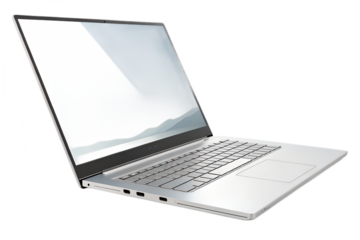Silver laptop displays modern design elements.