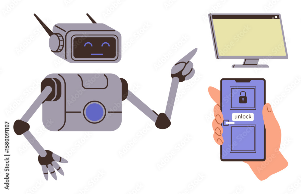 Poster robot pointing at phone unlock screen connected to computer. ideal for technology, ai, cybersecurity
