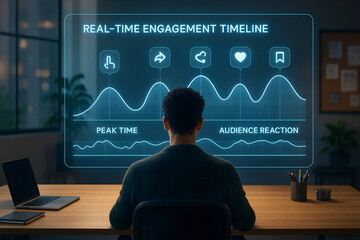 A man analyzing real-time engagement timeline data displayed on a futuristic digital screen in a modern office