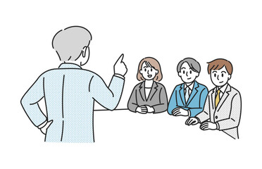 会議で説明を受ける若手ビジネスチームのイラスト