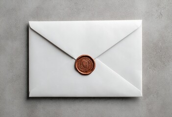 A pristine white envelope, sealed with a dark-red wax stamp, rests on a textured gray surface; overhead view