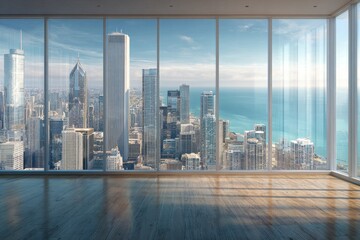 Chicago Window. Interior Design of Downtown City Skyline View from High-Rise Penthouse Room